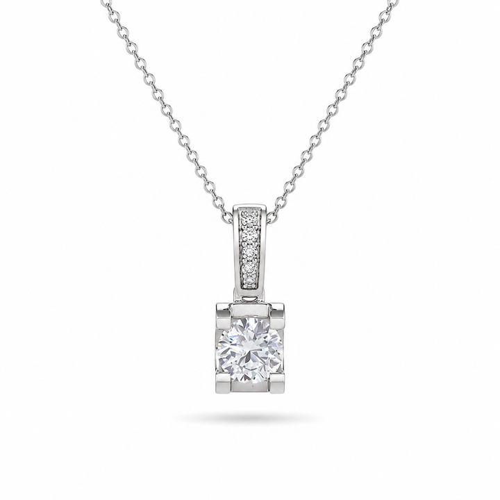 5mm, 0.6ct Round Cut Lab Diamond Pendant with Pavé-Bail Necklace in 18K Solid White Gold