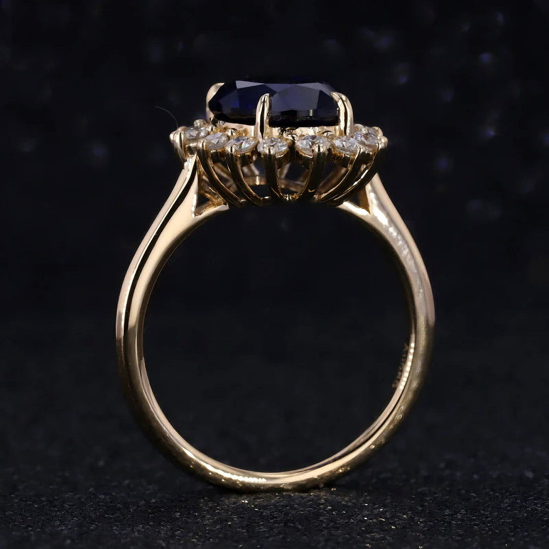8x11mm, 5.27ct Oval Lab-Grown Blue Sapphire "Diana Setting" Ring with Diamond Halo in 14K Yellow Gold