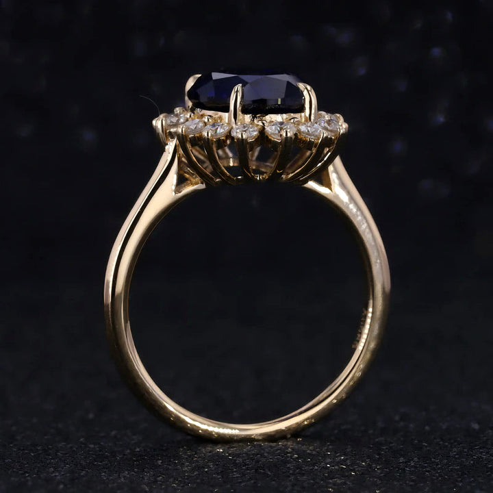 8x11mm, 5.27ct Oval Lab-Grown Blue Sapphire "Diana Setting" Ring with Diamond Halo in 14K Yellow Gold