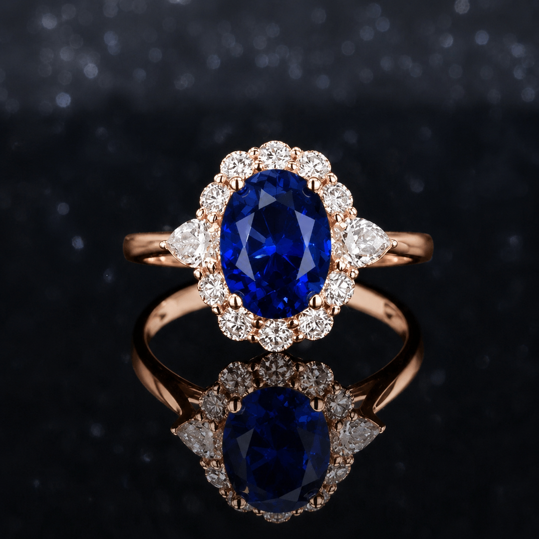 The Modified Diana — Diamond Halo Oval Blue Sapphire Ring