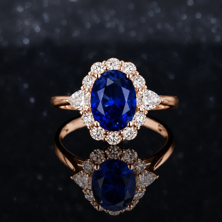The Modified Diana — Diamond Halo Oval Blue Sapphire Ring