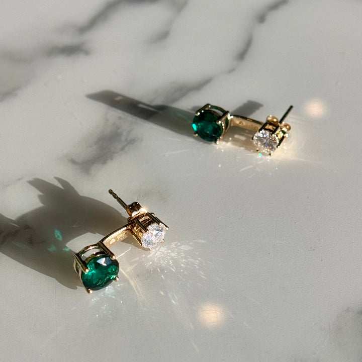 Customized™ 1.20ct Round Zambian Emerald with 0.50ct Round Diamond "Stone-on-Stone" Earrings in Yellow Gold