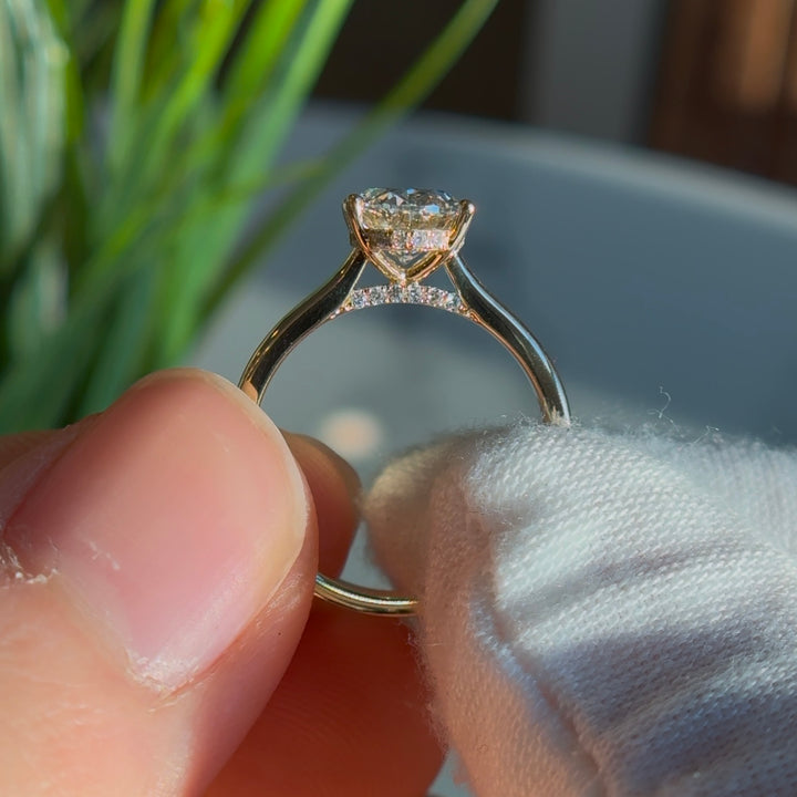 Customized™ 2.20ct Oval Lab-Grown Diamond Solitaire Ring with Hidden Halo and Pavé Cathedral in Yellow Gold