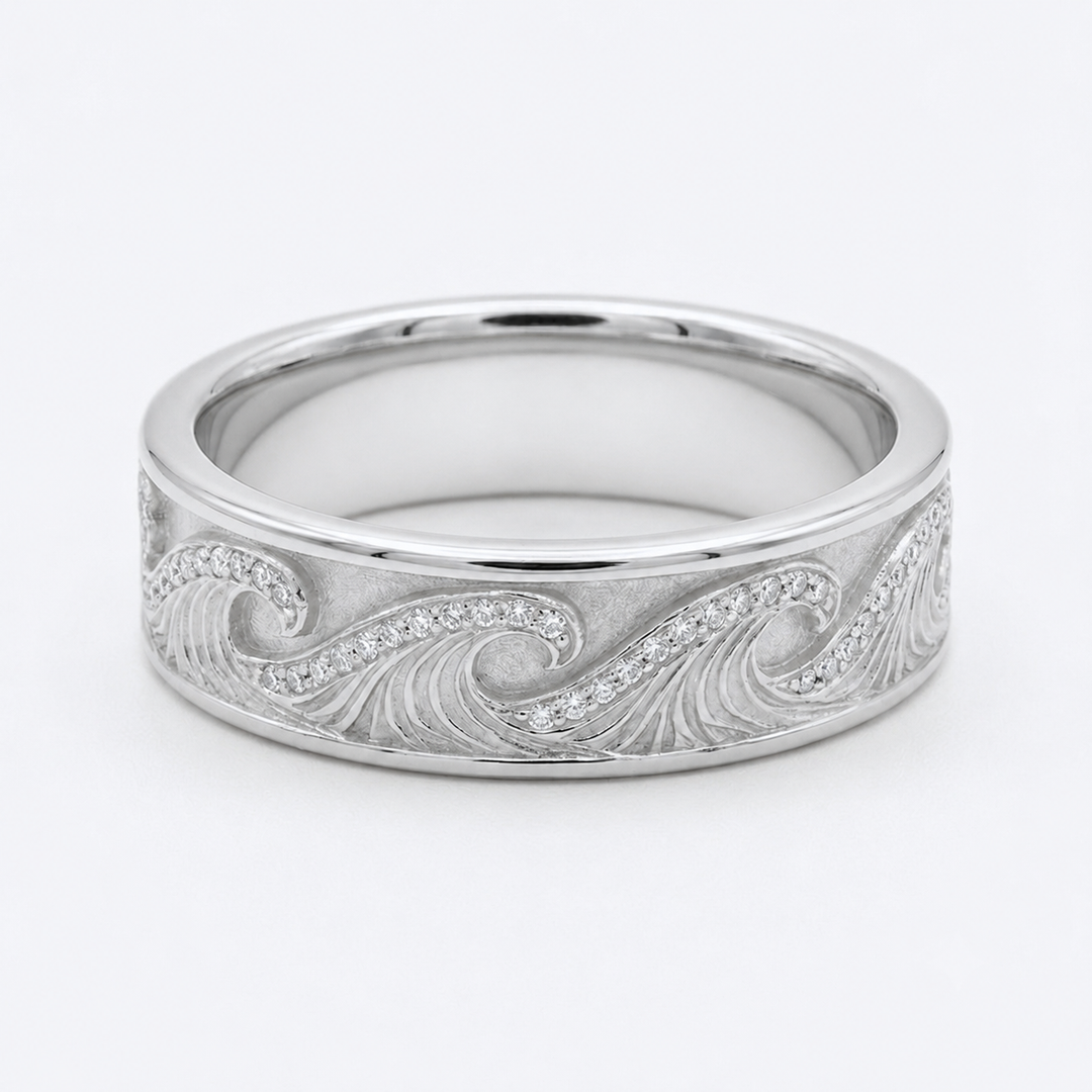 The Ocean Wave — 4mm Hand-Carved Gold/Diamond Wedding Band