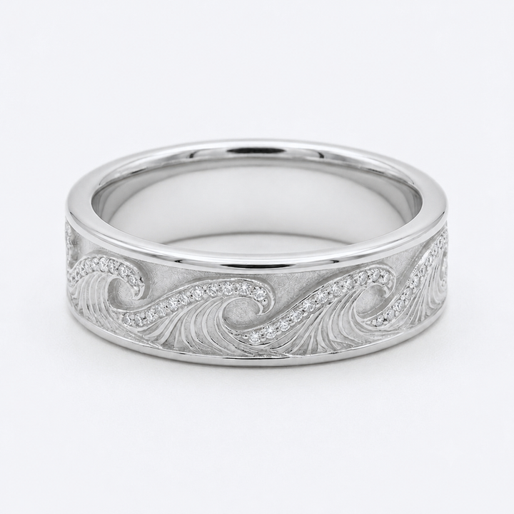 The Ocean Wave — 4mm Hand-Carved Gold/Diamond Wedding Band