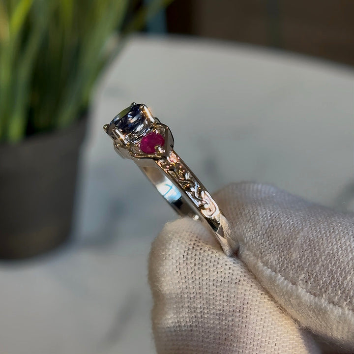 1.00ct "Glitch Rose" Round Ruby & Sapphires Three-Stone Ring in Sterling Silver