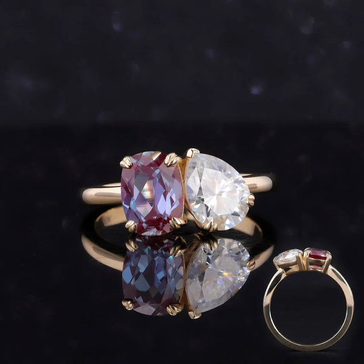 6x8mm Cushion Cut Alexandrite & 6x8mm Pear Cut Moissanite Toi Et Moi Ring in 14K/18K Yellow Gold
