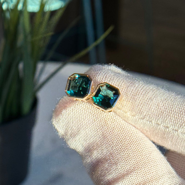 Customized™ 2.52ctw, 1.26ct Each Lab-Grown Asscher Zambian Emerald Bezel-Set Stud Earrings in Yellow Gold