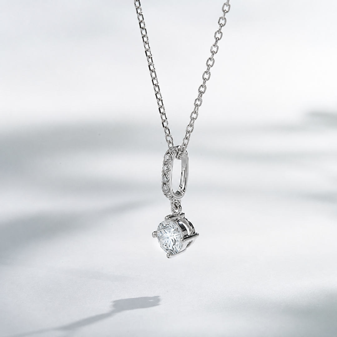 4.5mm, 0.35ct Round Cut Lab Diamond Pendant with Pavé-Bail Necklace in 18K Solid White Gold