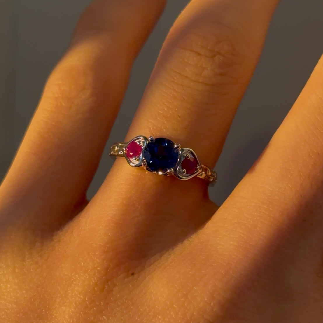 Customized™ 1.00ct Round Natural Sapphire with Natural Rubies Three-Stone Ring in 925 Sterling Silver