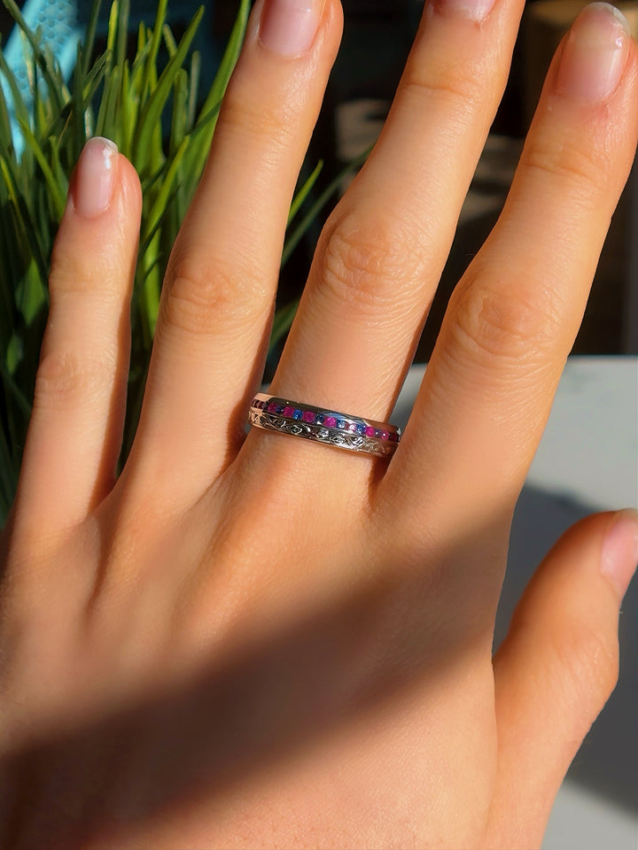 5mm Natural Ruby & Sapphire Band Ring in 10K or 14K Rose or White Gold, “The Fusion Harmony”