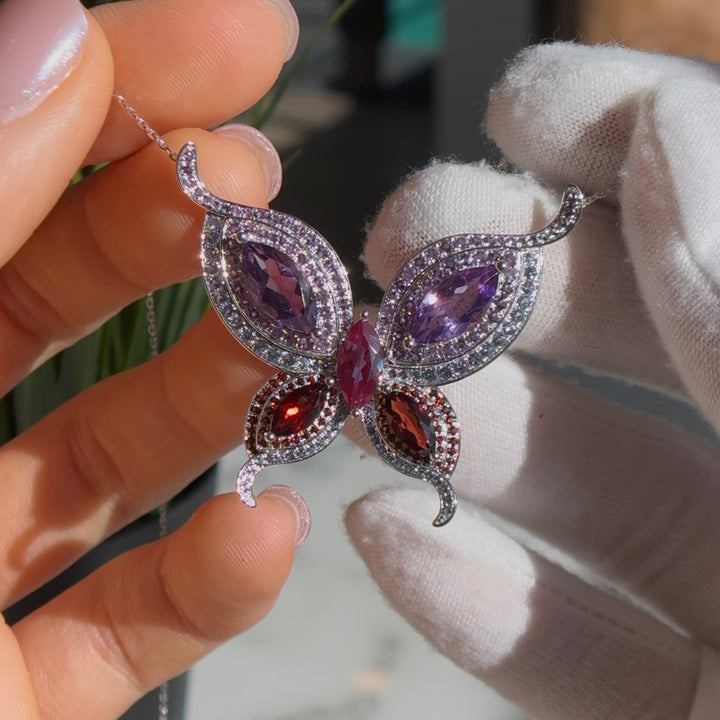 Customized™ Amethyst, Alexandrite, and Garnet Butterfly Pendant in White Gold