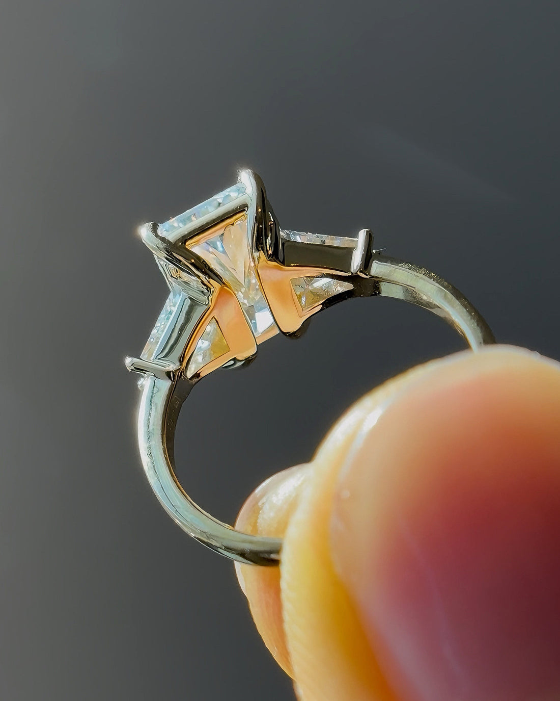The Silhouette radiant lab diamond three-stone ring, view 2