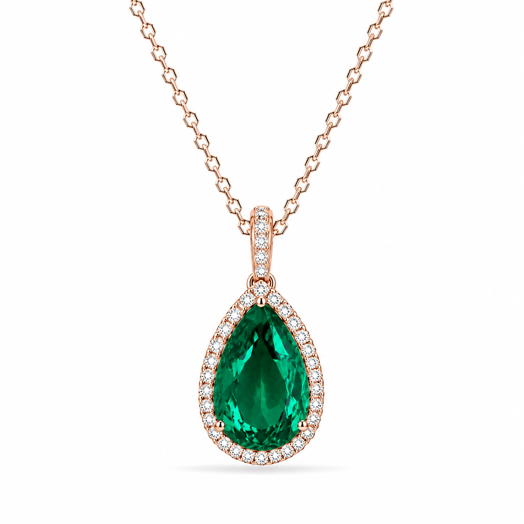 13x18mm, 9.5ct Pear Lab-Grown Colombian Emerald with Diamond Halo Pendant/Necklace