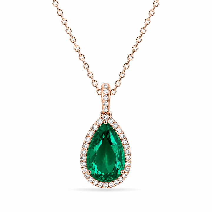 13x18mm, 9.5ct Pear Lab-Grown Colombian Emerald with Diamond Halo Pendant/Necklace