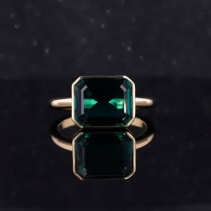 9x11mm, 4.60ct Lab-Grown Zambian Emerald East-to-West Bezel Set Ring in 14K Yellow Gold