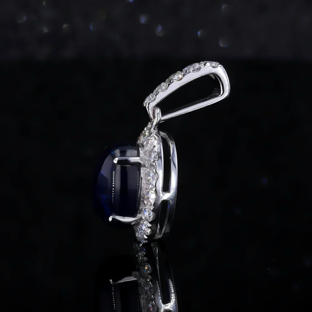 6x8mm, 1.80ct Oval Cabochon Lab-Grown Blue Sapphire with Diamond Halo Pendant in 14K White Gold