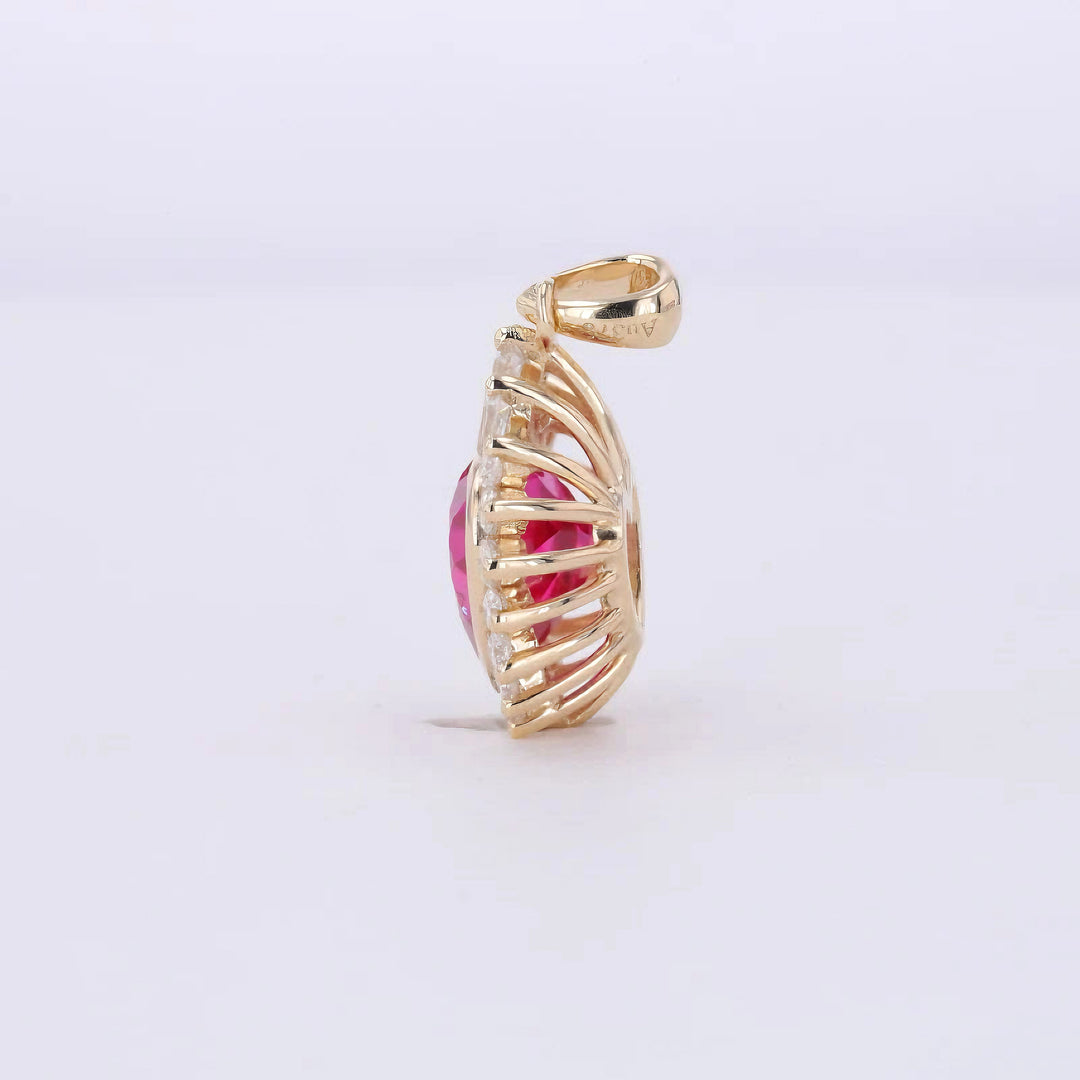 7mm, 2.00ct Heart Lab-Grown Red Ruby Pendant with Diamond Accents in 14K Yellow Gold