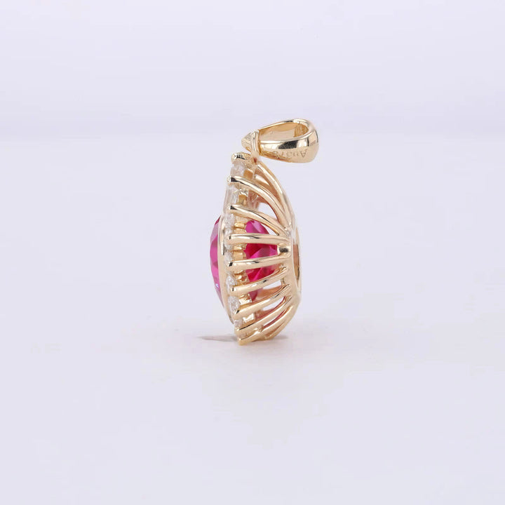 7mm, 2.00ct Heart Lab-Grown Red Ruby Pendant with Diamond Accents in 14K Yellow Gold