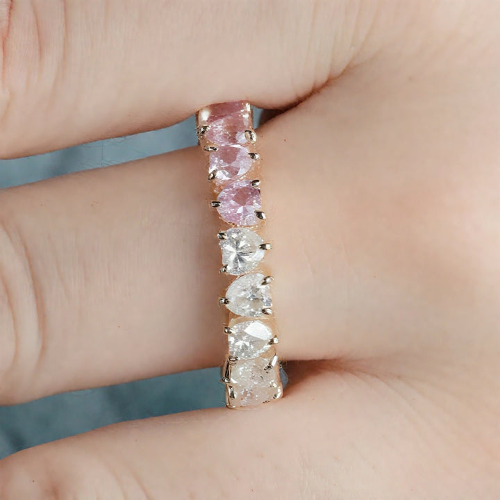 3.5mm, 4.40ctw Heart Lab-Grown Sakura Pink Sapphire & Diamond Eternity Band Ring in 14K Yellow Gold
