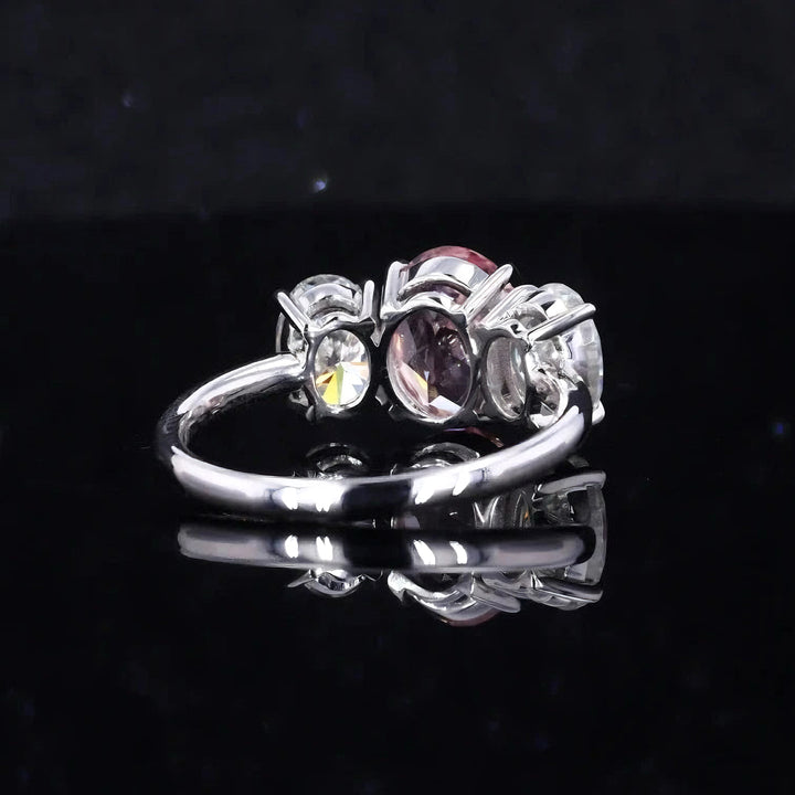 7x9mm, 2.50ct Oval Lab-Grown Sakura Pink Sapphire with Diamonds Three-Stone Ring in 14K White Gold