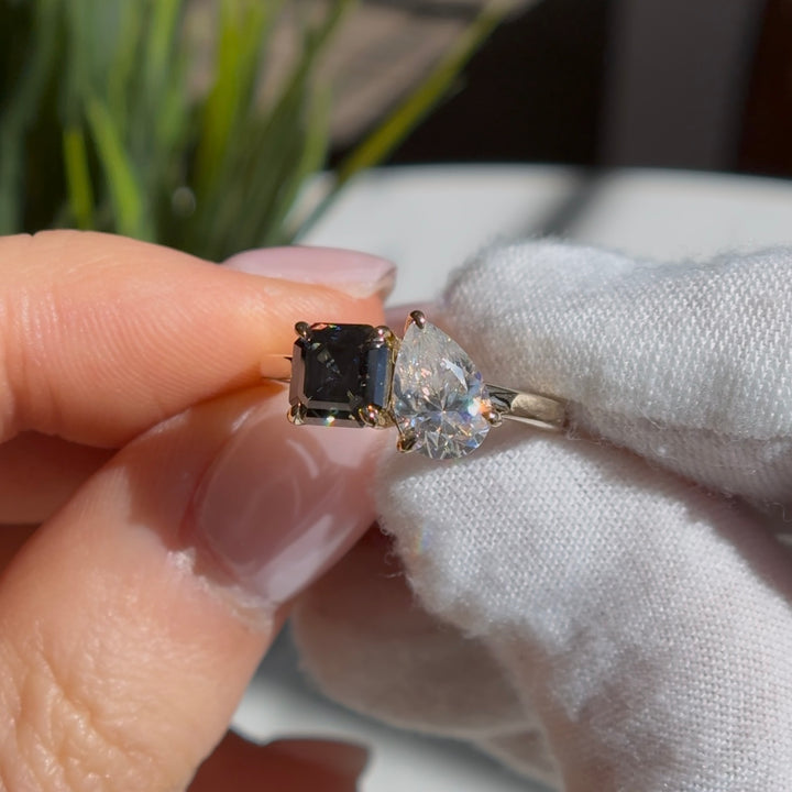 Customized™ 1.50ct Pear Lab-Grown Diamond with 1.50ct Asscher Grey Moissanite Toi Et Moi Ring in Yellow Gold