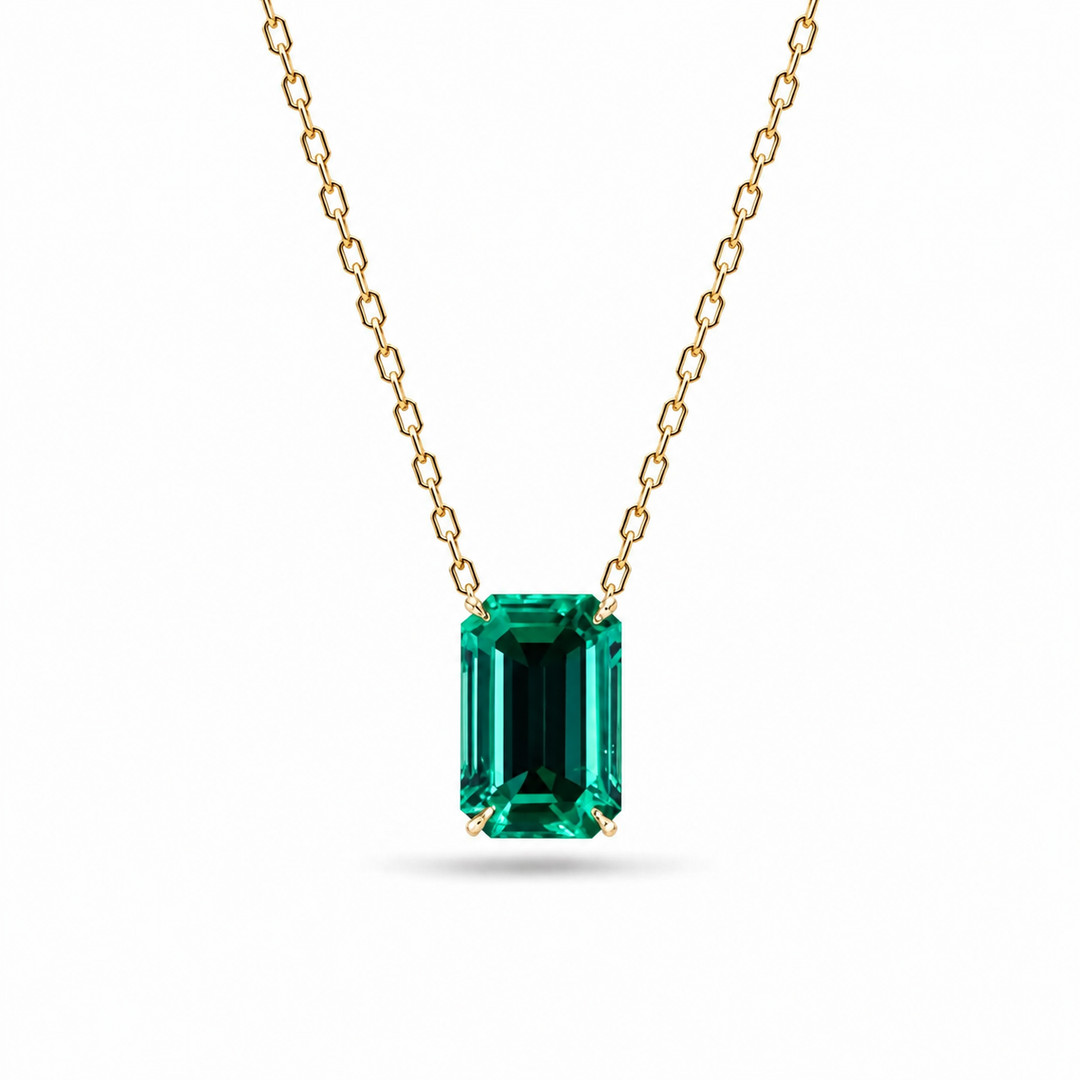 5x7mm, 1.00ct Lab-Grown Colombian Emerald Classic Pendant with Rolo Necklace in 14K Yellow Gold