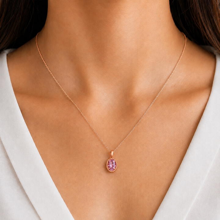 5x7mm, 1.00ct Oval Lab-Grown Pink Sapphire Pendant Necklace in 14K Rose Gold