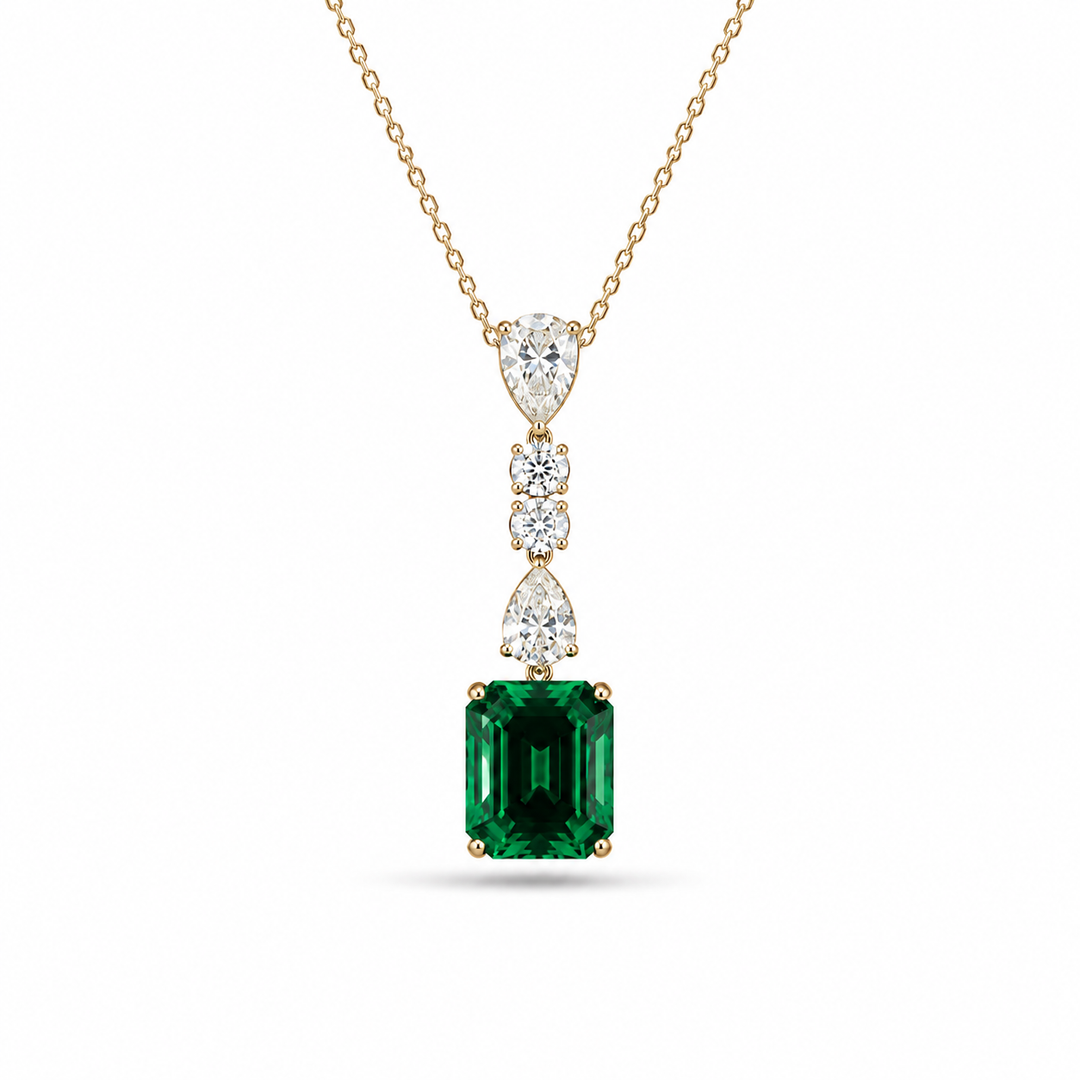 10x12mm, 4.50ct Lab-Grown Zambian Emerald Dangle Pendant with Pear/Round Diamonds Rolo Necklace