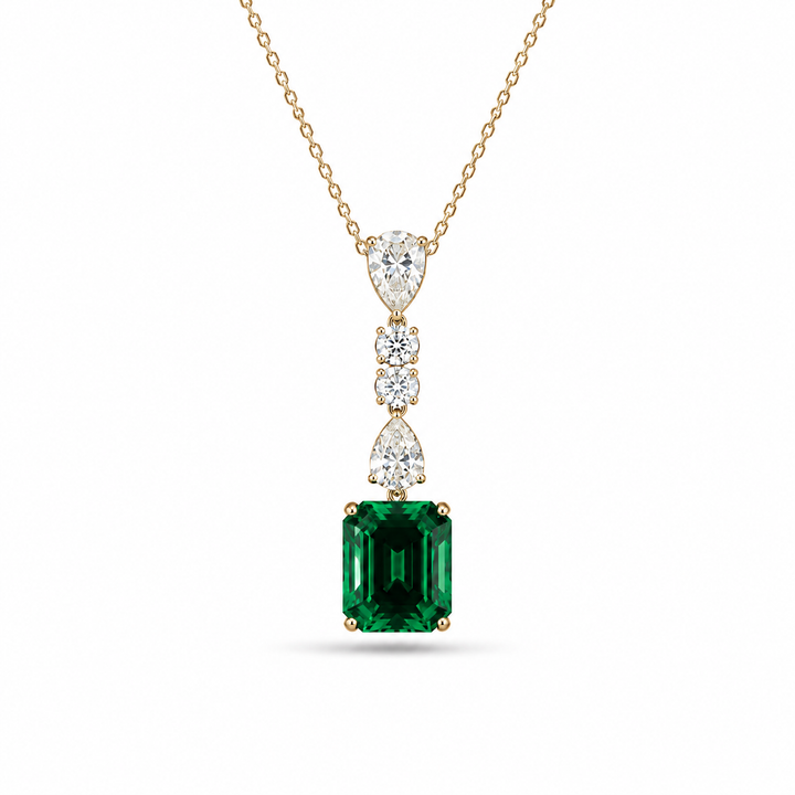 10x12mm, 4.50ct Lab-Grown Zambian Emerald Dangle Pendant with Pear/Round Diamonds Rolo Necklace