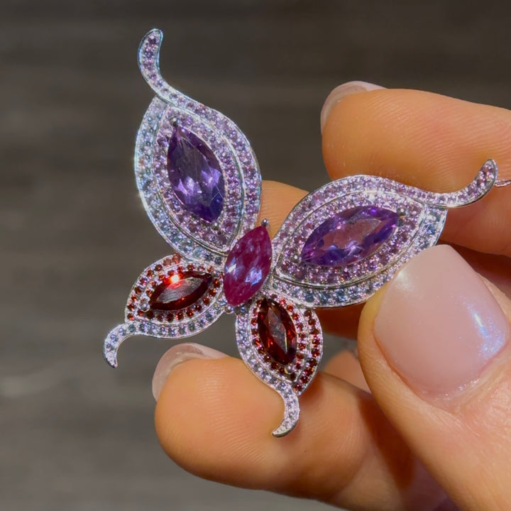 Customized™ Amethyst, Alexandrite, and Garnet Butterfly Pendant in White Gold