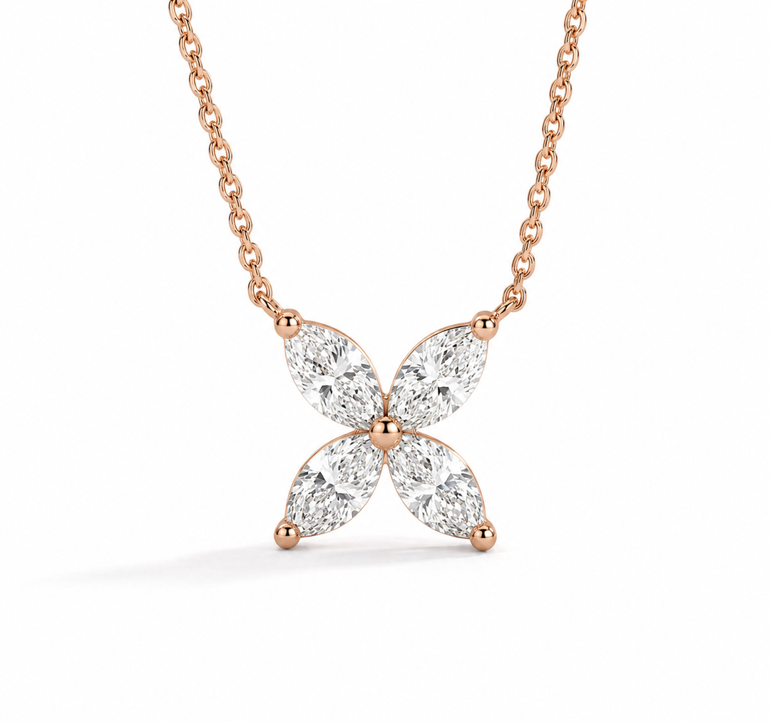 12mm, 0.9ct Marquise Cut Lab Diamond 4-Petal Flower Pendant Necklace in 14K Solid White Gold