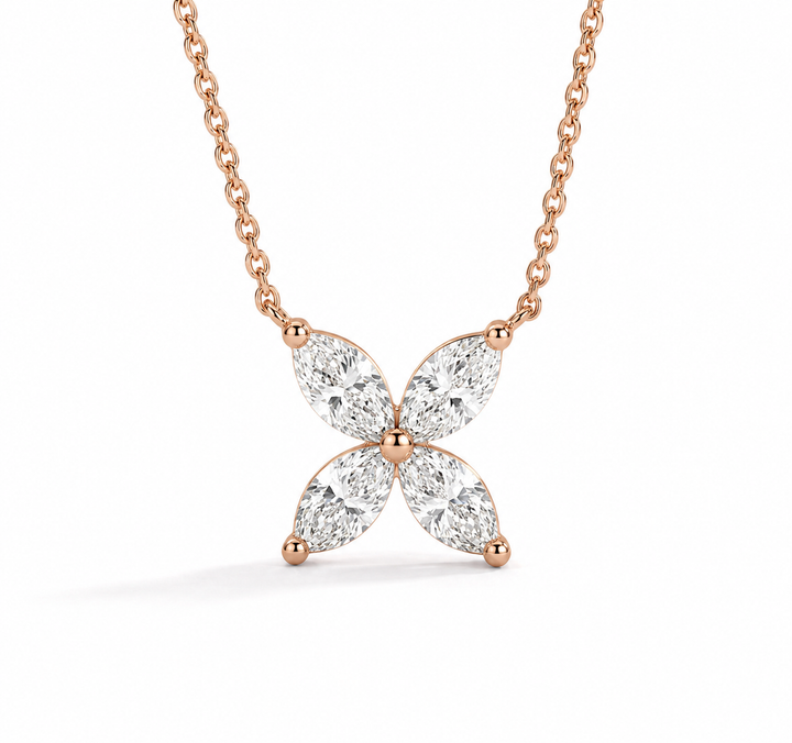 12mm, 0.9ct Marquise Cut Lab Diamond 4-Petal Flower Pendant Necklace in 14K Solid White Gold