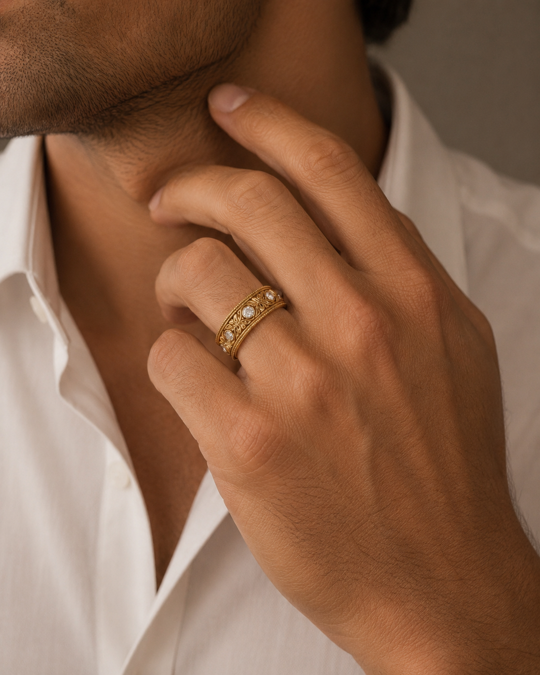 Hand-Carved Diamond Vintage Solid Gold Band (6mm)