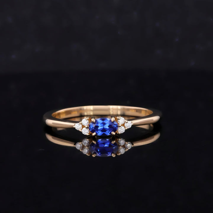 3x5mm, 0.3ct Oval Lab-Grown Blue Sapphire Ring with Diamond Accents in 14K Yellow Gold