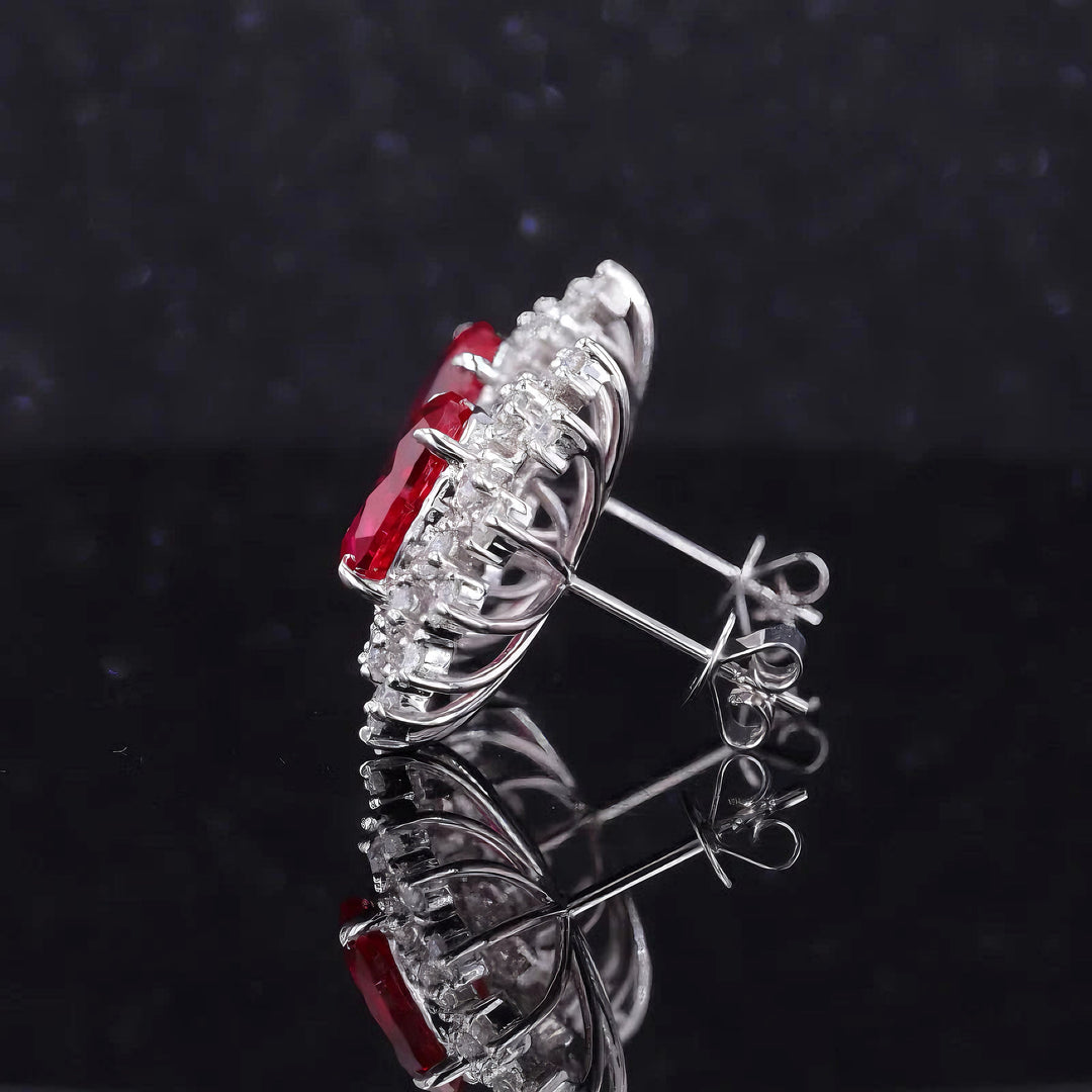 7x9mm, 2.50ct Each Oval Lab-Grown Red Ruby with Diamond Halo Earrings in 14K White Gold