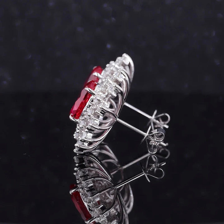 7x9mm, 2.50ct Each Oval Lab-Grown Red Ruby with Diamond Halo Earrings in 14K White Gold