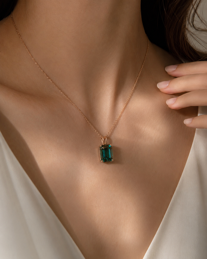 12x16mm, 8.80ct Ashoka Lab-Grown Zambian Emerald Pendant Necklace in 14K Rose Gold