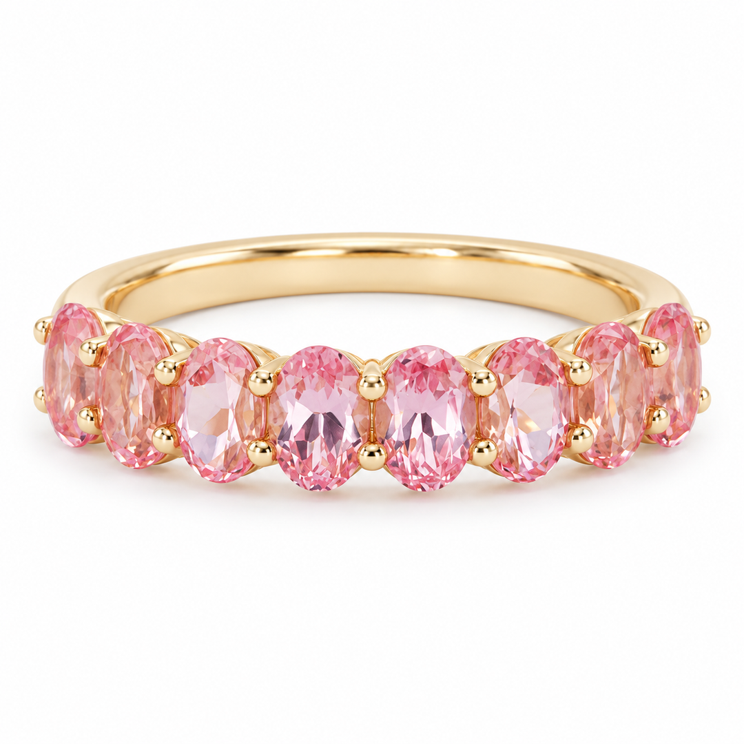 Oval Lab-Grown Sakura Pink Sapphire Half-Eternity Band in 14K Yellow Gold