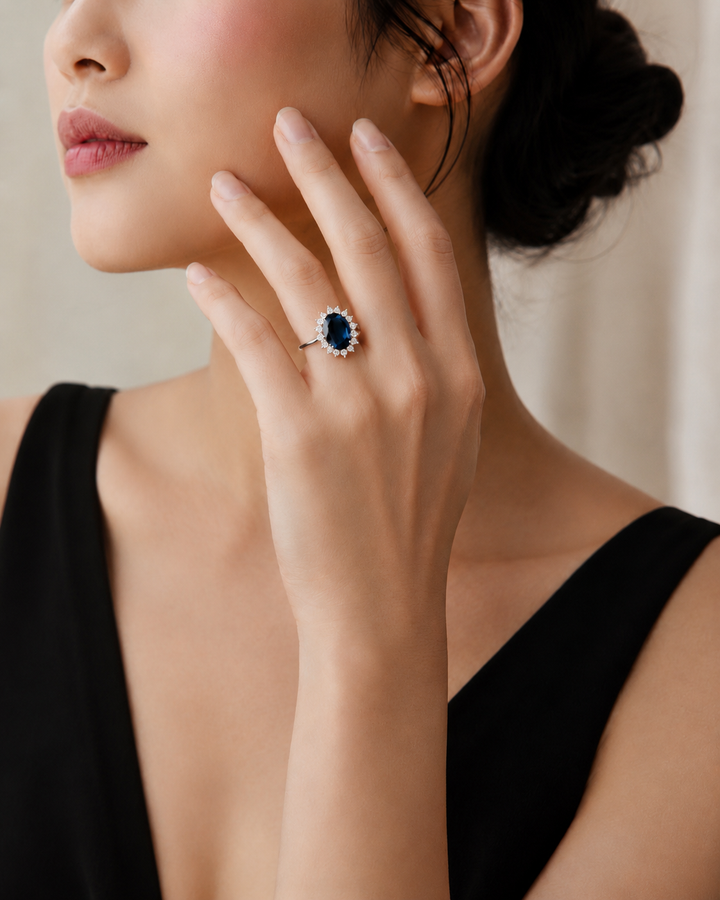 The Diana Royale — Royal Blue Sapphire Diamond Halo Ring