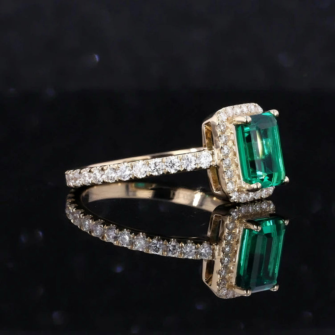 1.00ct Emerald-Cut Zambian Emerald Diamond Halo Eternity Ring in 14K Yellow Gold