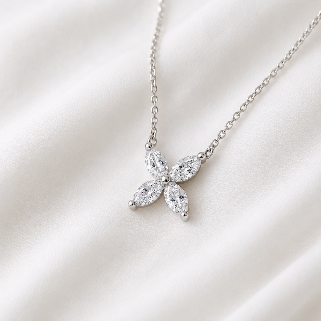 12mm, 0.9ct Marquise Cut Lab Diamond 4-Petal Flower Pendant Necklace in 14K Solid White Gold