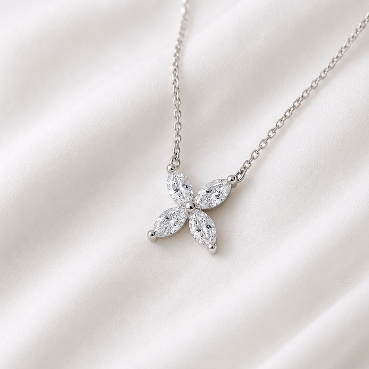 12mm, 0.9ct Marquise Cut Lab Diamond 4-Petal Flower Pendant Necklace in 14K Solid White Gold