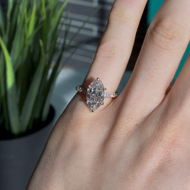 Customized™ 3.00ct Marquise Lab-Grown Diamond Ring with Hidden Halo/Pavé Cathedral Bridge/Diamond Band in Yellow Gold
