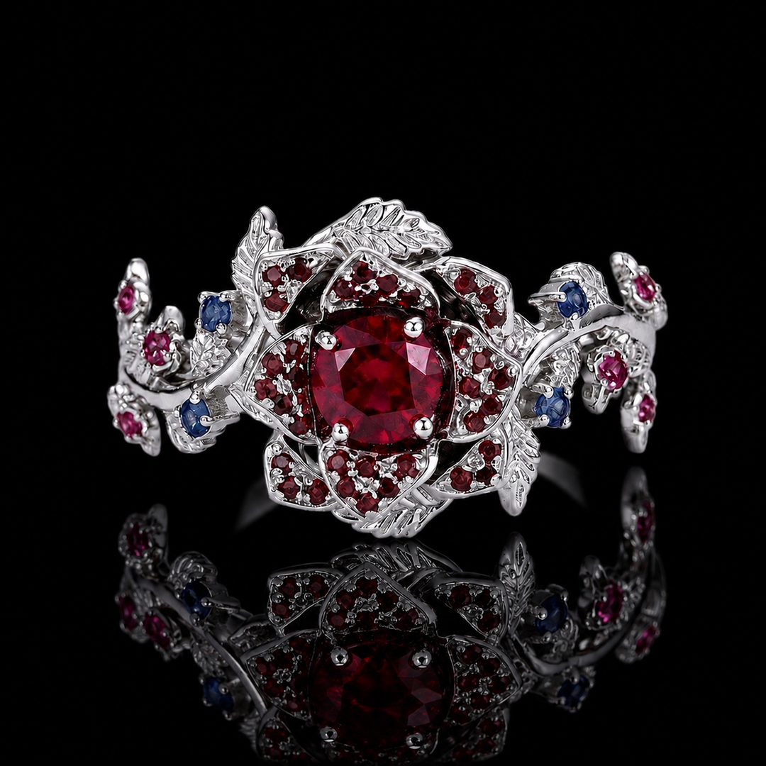 The Roserie — Ruby & Sapphire Rose Flower Ring