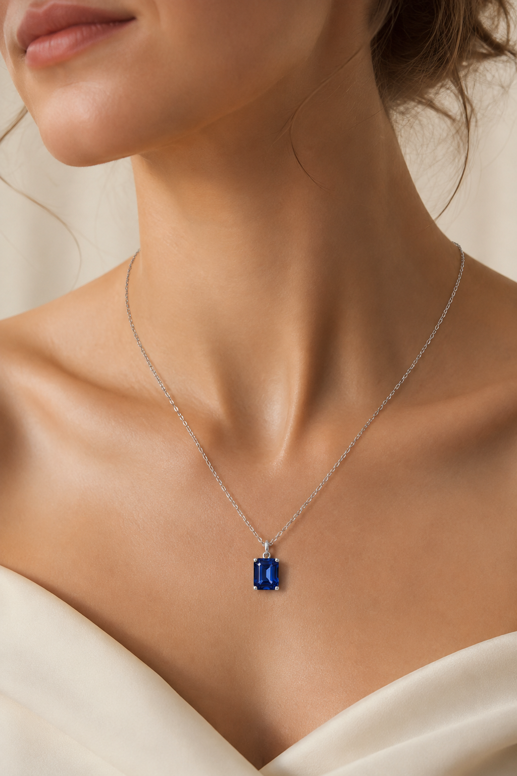 7x9mm, 3.00ct Emerald Lab-Grown Blue Sapphire Pendant Necklace in 14K White Gold
