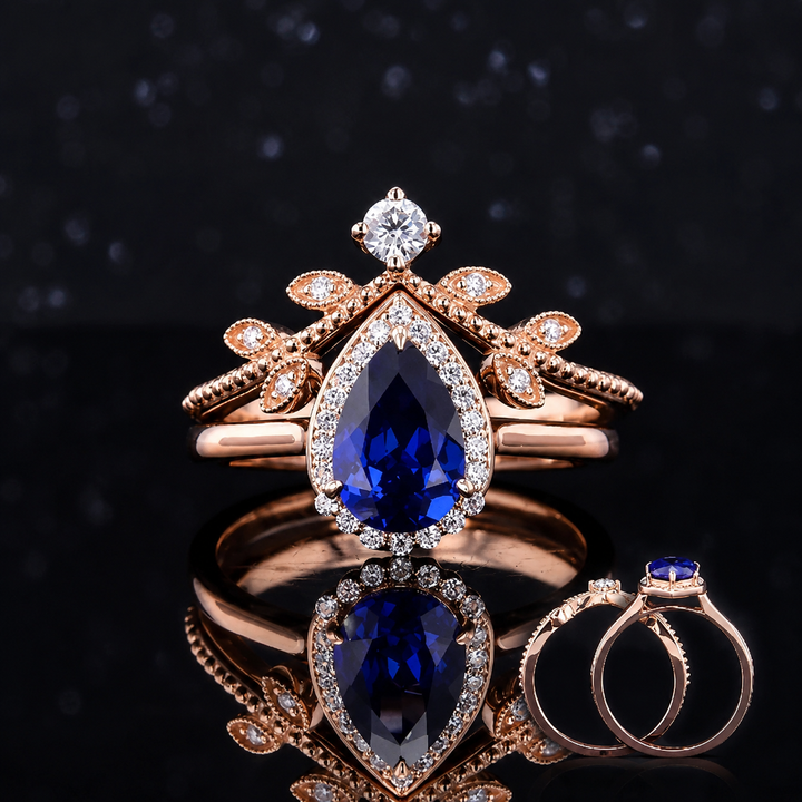The Celestine — Blue Sapphire Halo Ring with Stacking Band