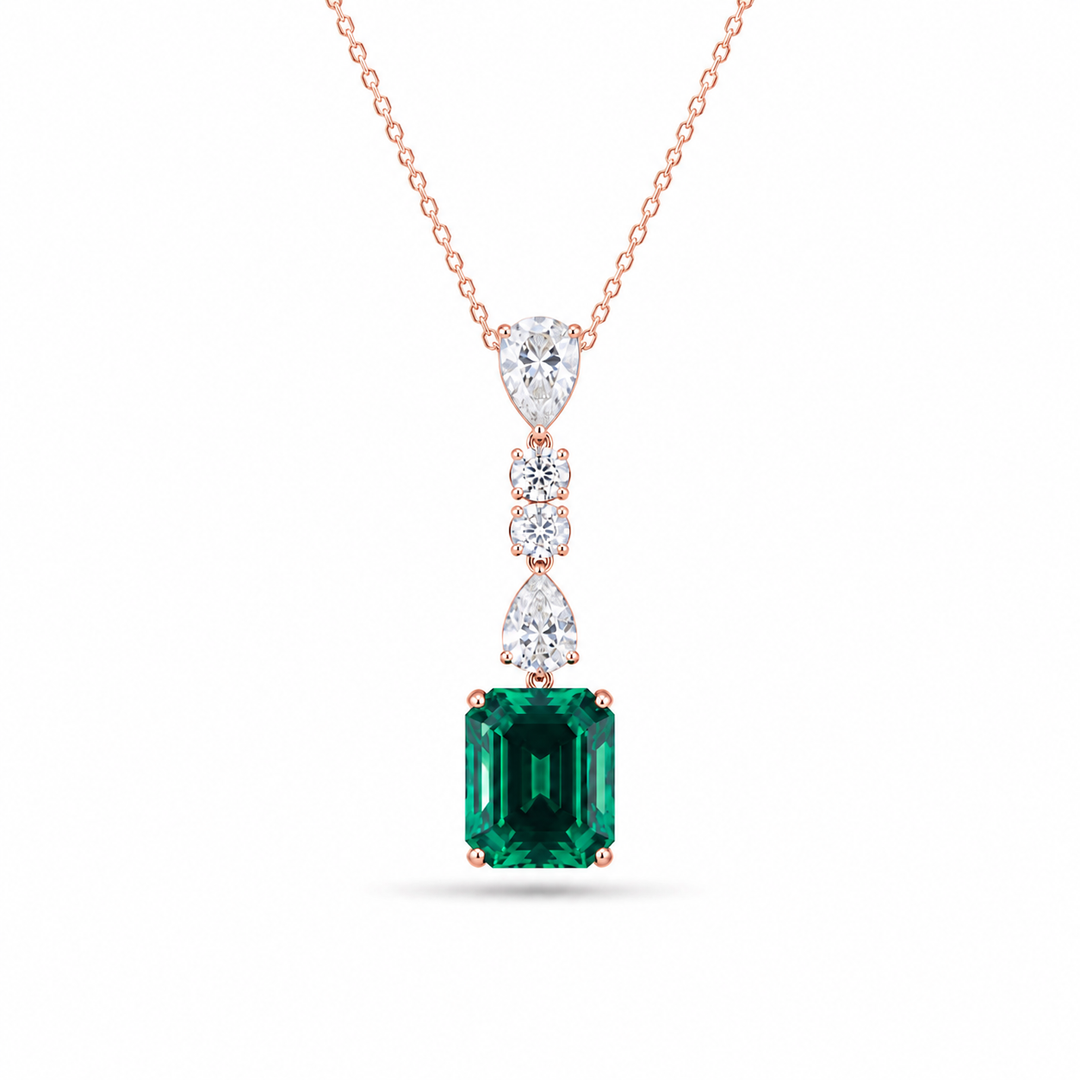 10x12mm, 4.50ct Lab-Grown Zambian Emerald Dangle Pendant with Pear/Round Diamonds Rolo Necklace