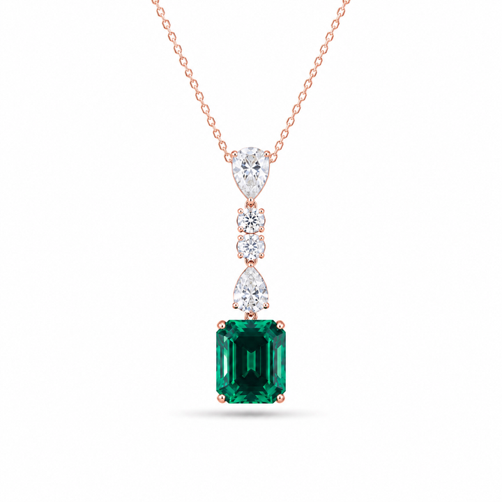 10x12mm, 4.50ct Lab-Grown Zambian Emerald Dangle Pendant with Pear/Round Diamonds Rolo Necklace