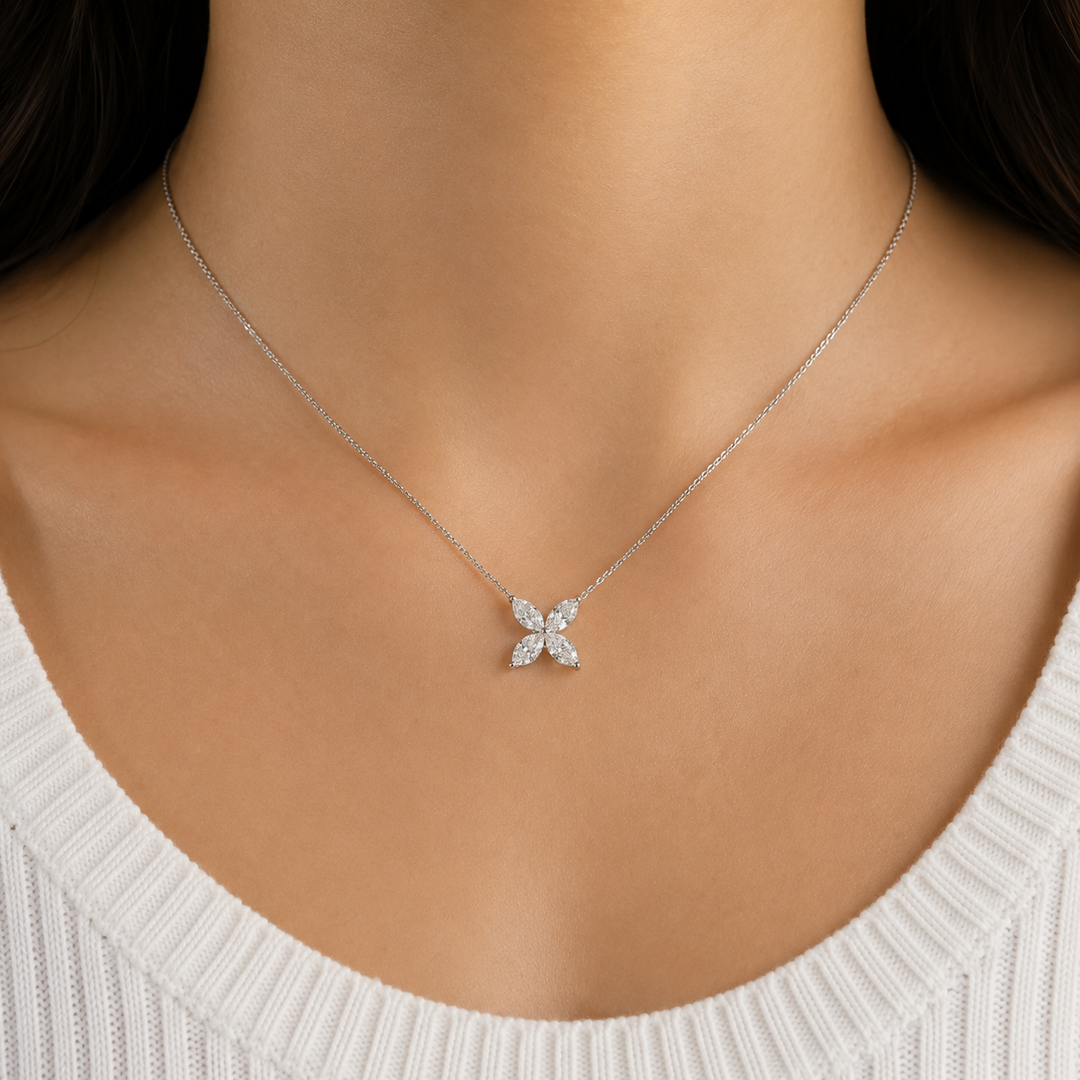 12mm, 0.9ct Marquise Cut Lab Diamond 4-Petal Flower Pendant Necklace in 14K Solid White Gold